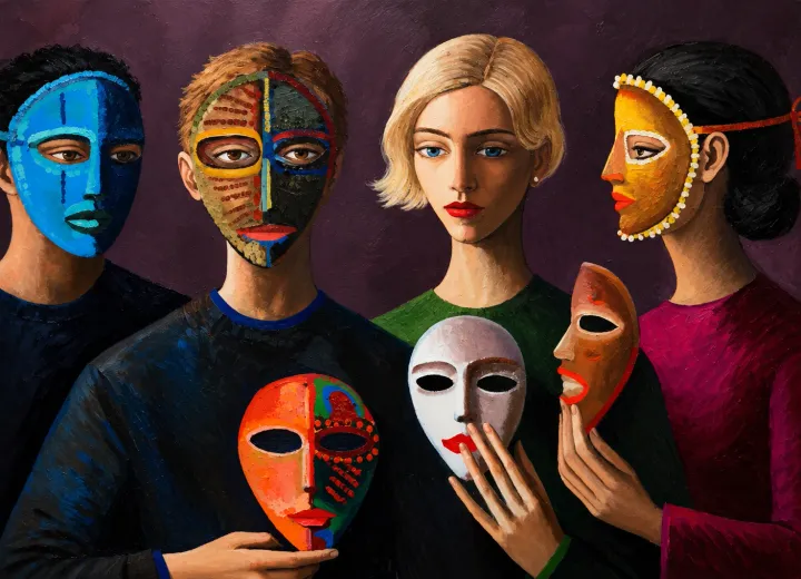 A painting of four people holding and wearing colourful theatrical masks
