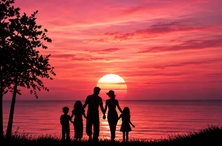 Silhouette of a family of five holding hands by the sea at sunset