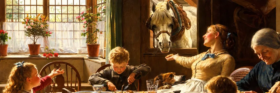 A painted scene of a family sharing a meal in a sunlit farmhouse kitchen